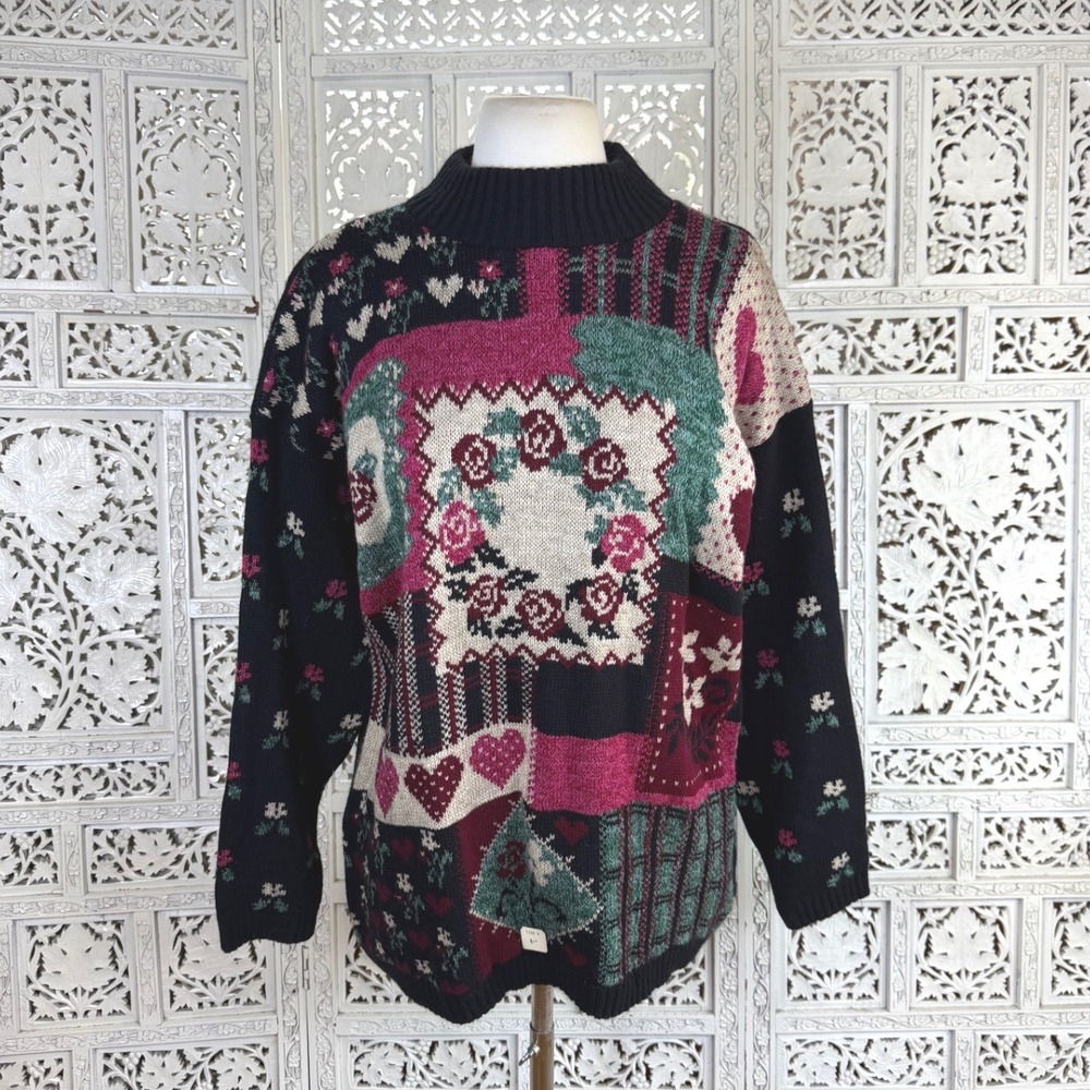 Vtg Deadstock Dana Scott Granny Heart Sweater Womens Large Retro Cottage Chunky